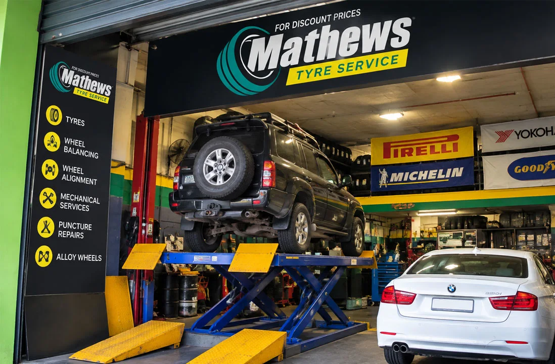 cars on a hoist mathews tyres