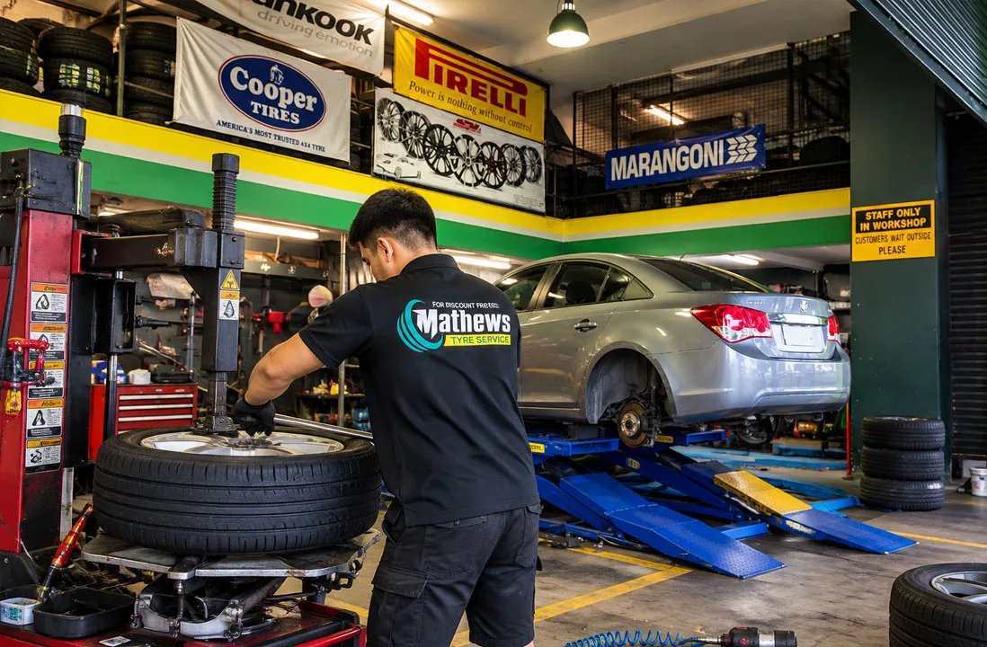 changing tyres and being fitted at Mathews Tyres, Campsie