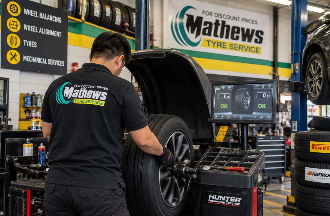 New tyre being fitted and balanced at Mathews Tyres, Campsie