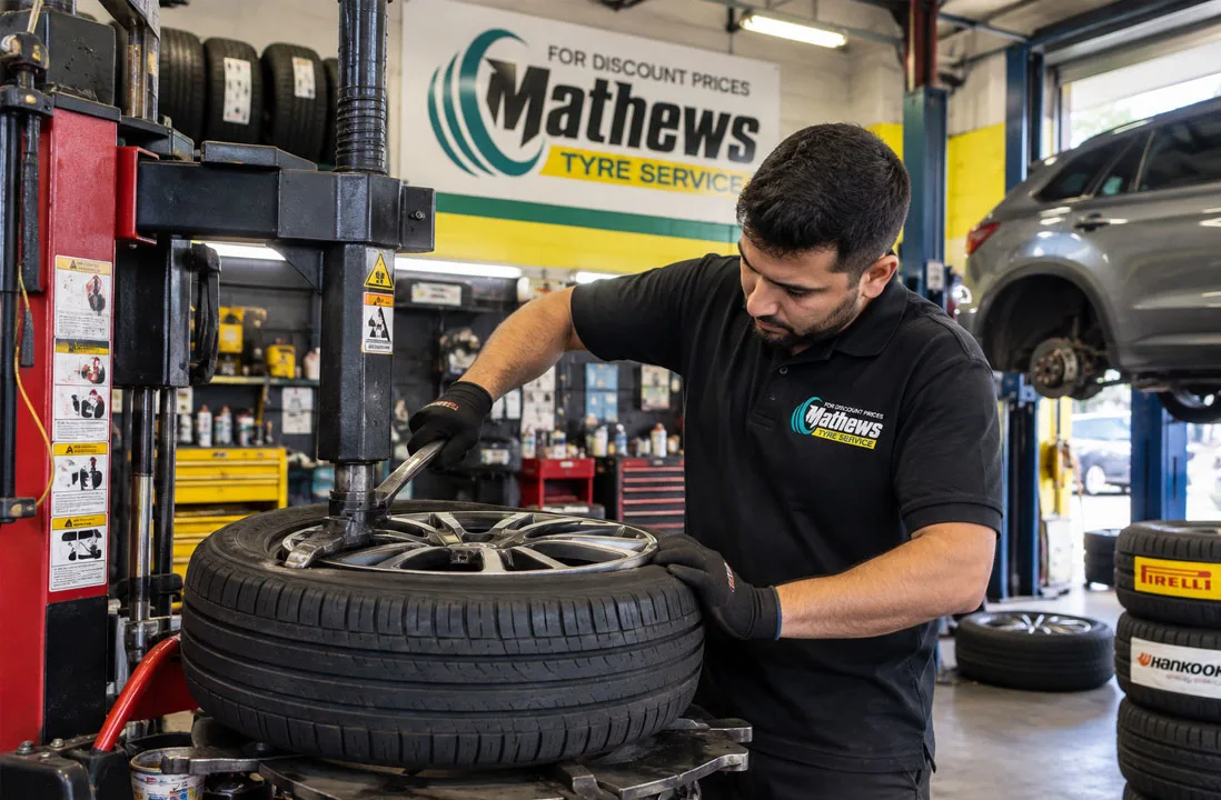 Tyre fitting at Mathews Tyres, Campsie — serving Earlwood drivers