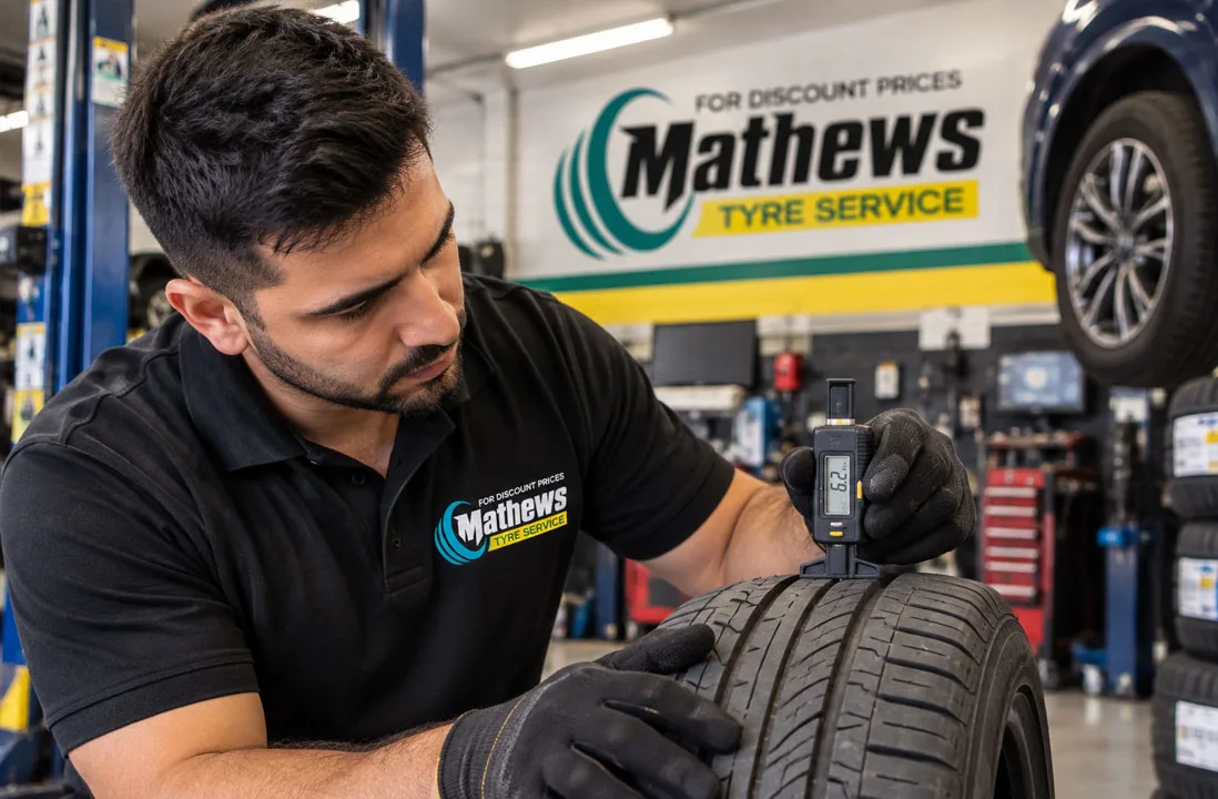 Technician inspecting a punctured tyre at Mathews Tyres, Campsie