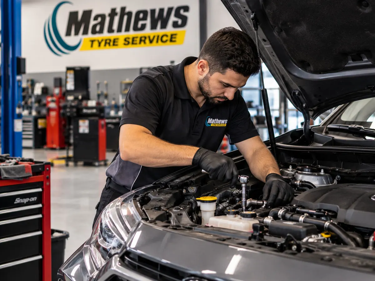 Mechanic inspecting the engine bay of a passenger vehicle during a routine car service