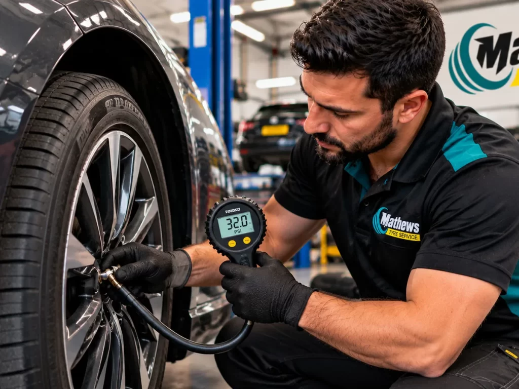 Mechanic checking car tyre pressure with a digital gauge at Mathews Tyre Service in Campsie, Sydney.