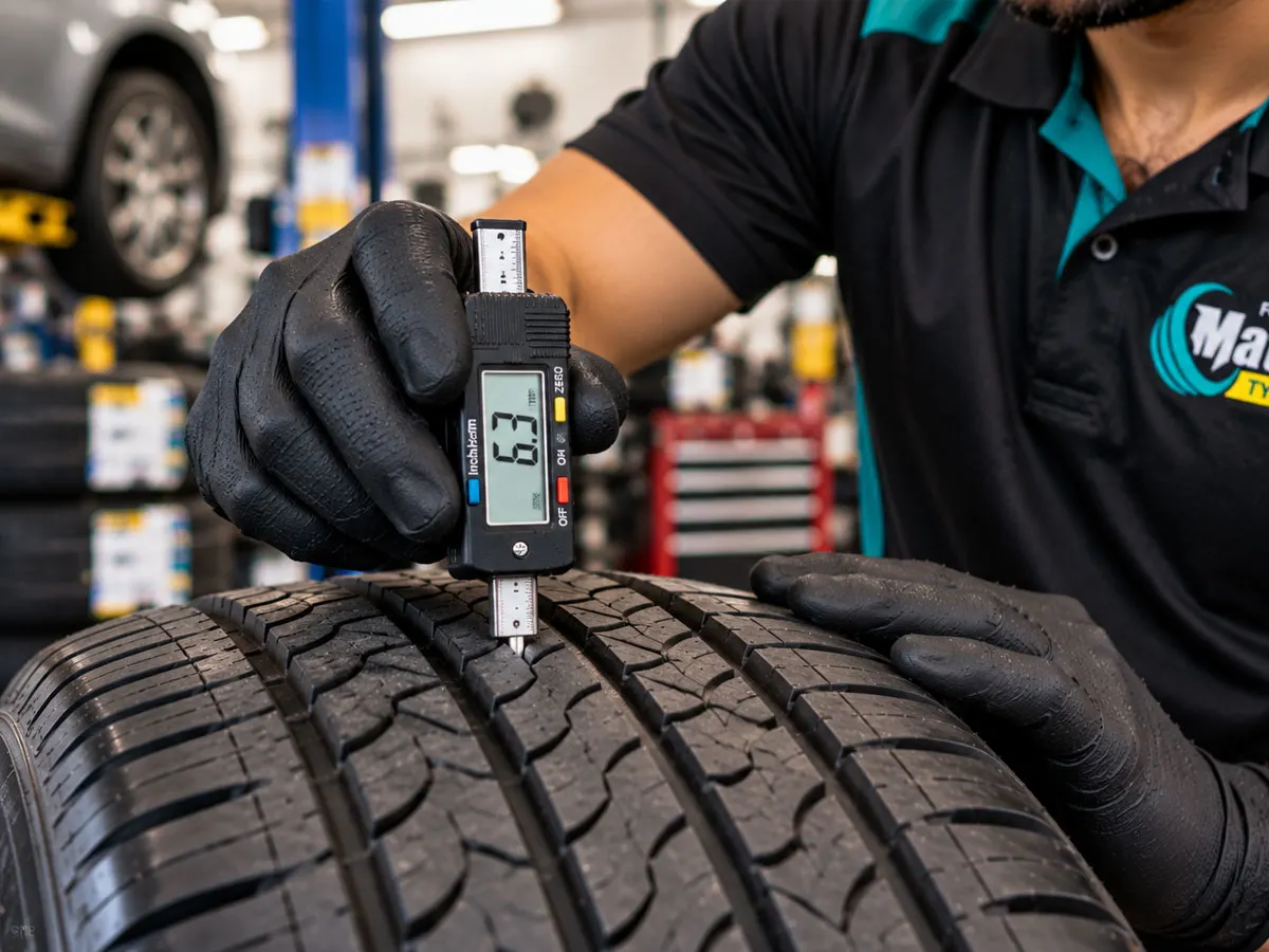 Mechanic measuring car tyre tread depth using a tyre tread depth gauge