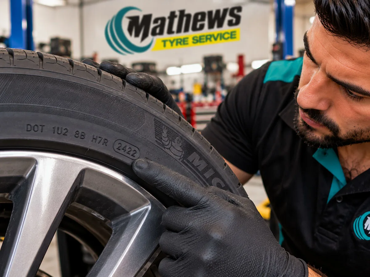 Mechanic checking the manufacturing date code on a car tyre sidewall.