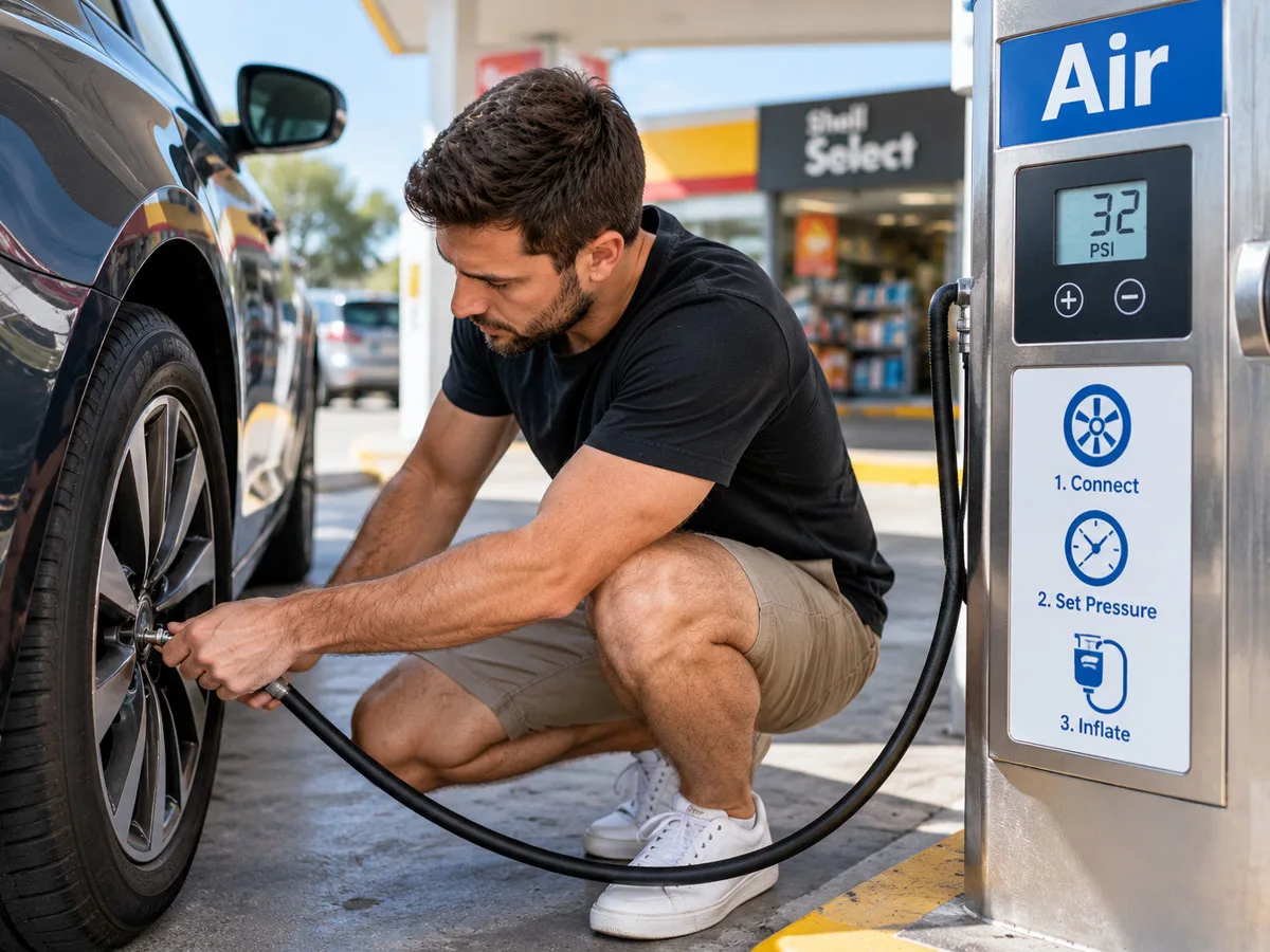 Alt text: Driver checking car tyre pressure using an air compressor at an Australian petrol station.