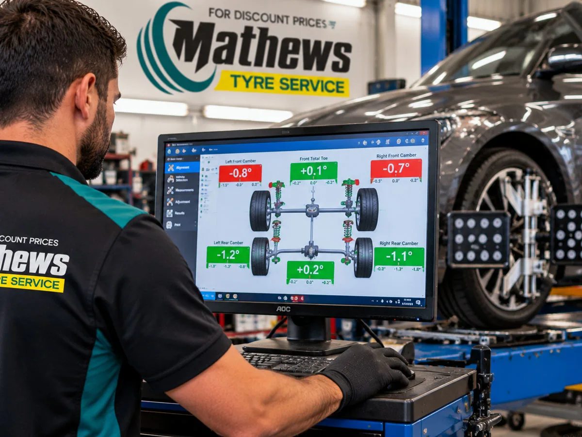 Technician measuring vehicle wheel alignment in an automotive workshop