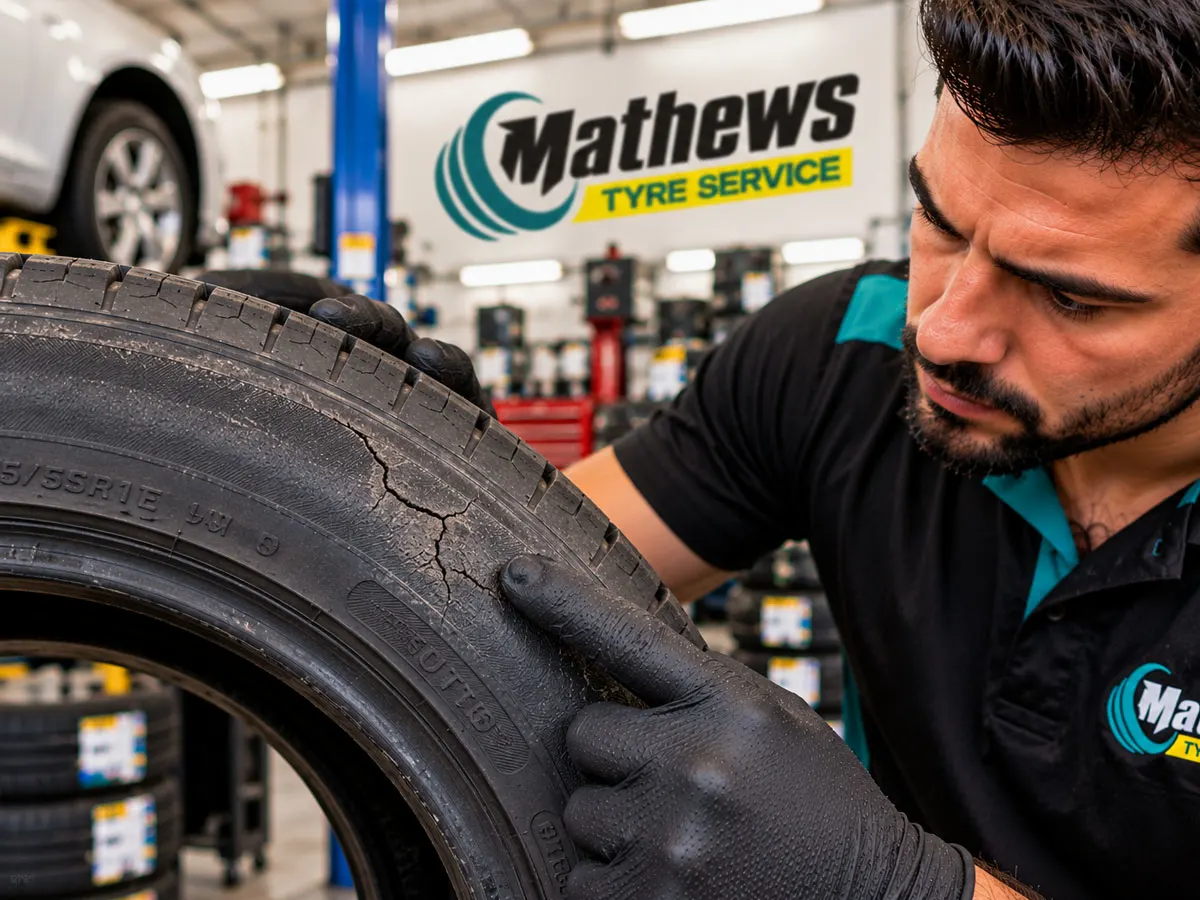 Mechanic inspecting tyre sidewall cracks and damage before replacement.
