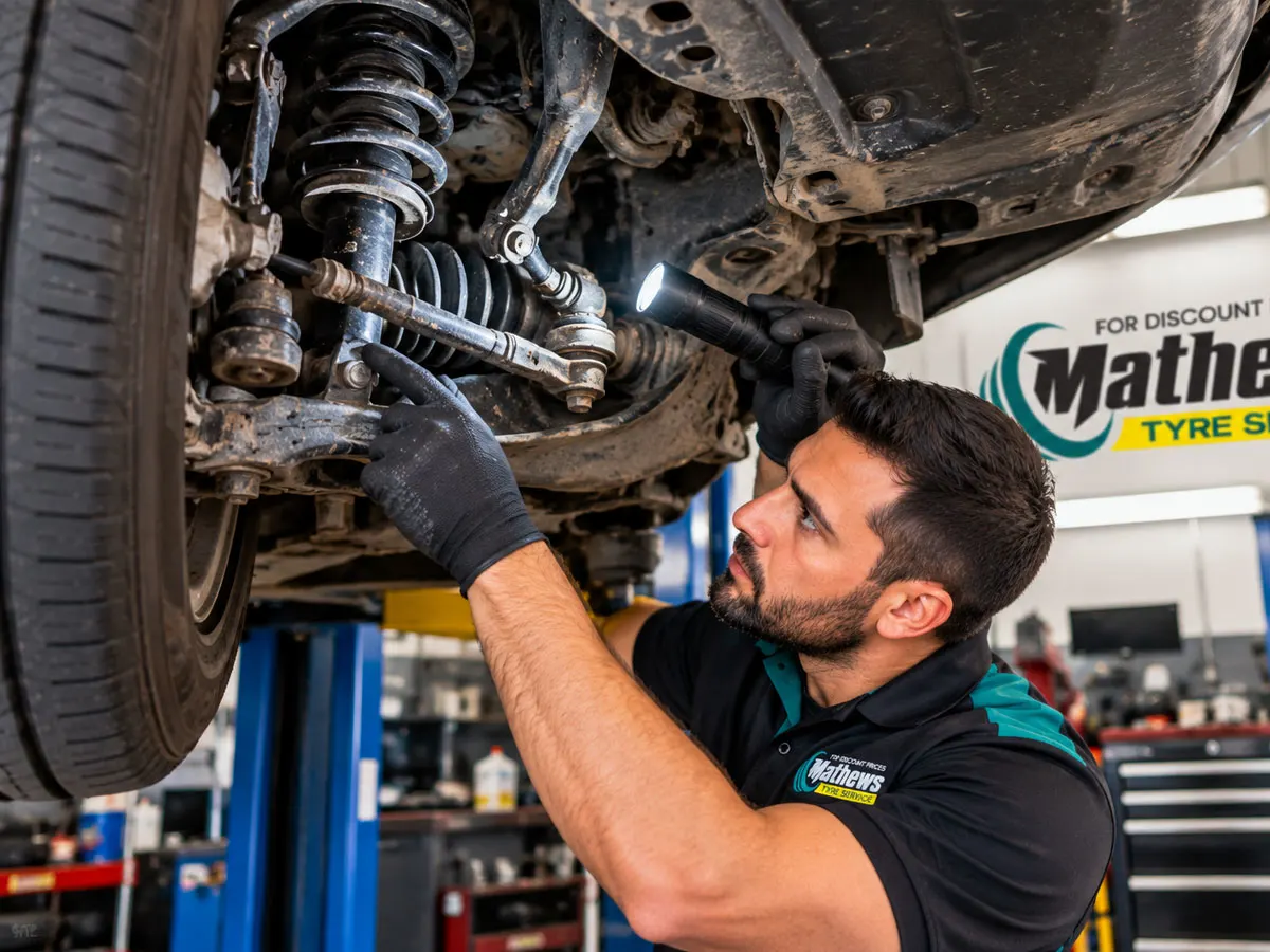 echanic inspecting steering and suspension components