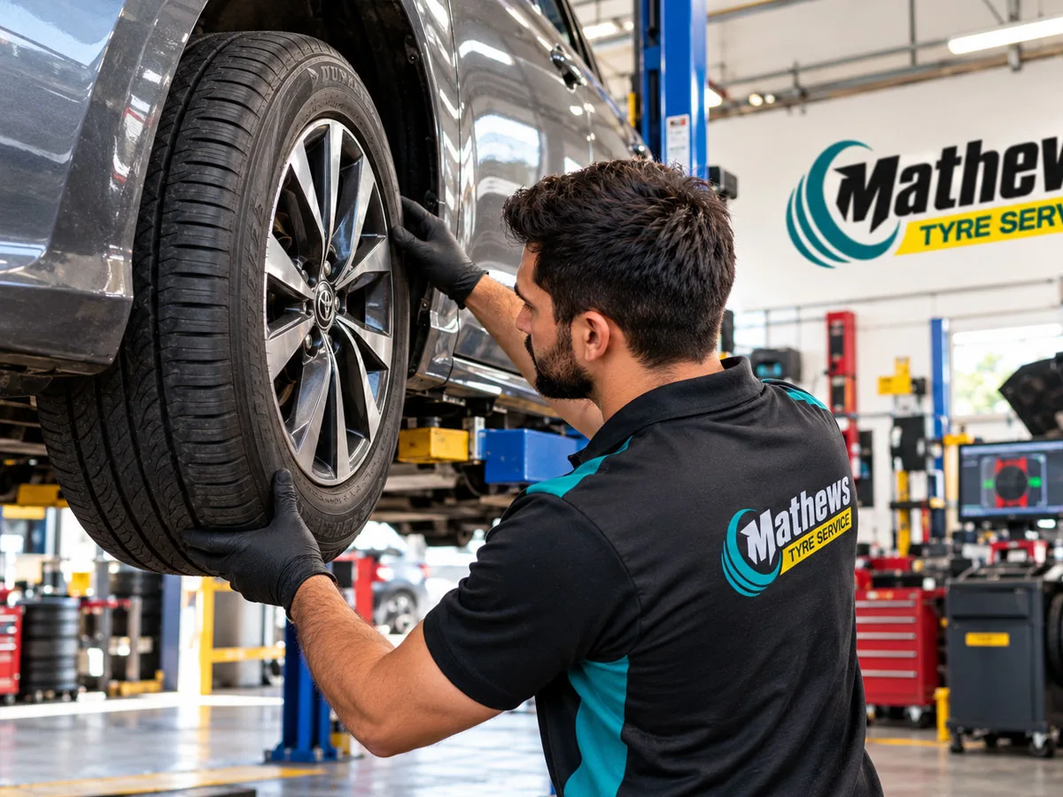 Mechanic inspecting a car tyre and wheel at Mathews Tyre Service in Campsie Sydney.