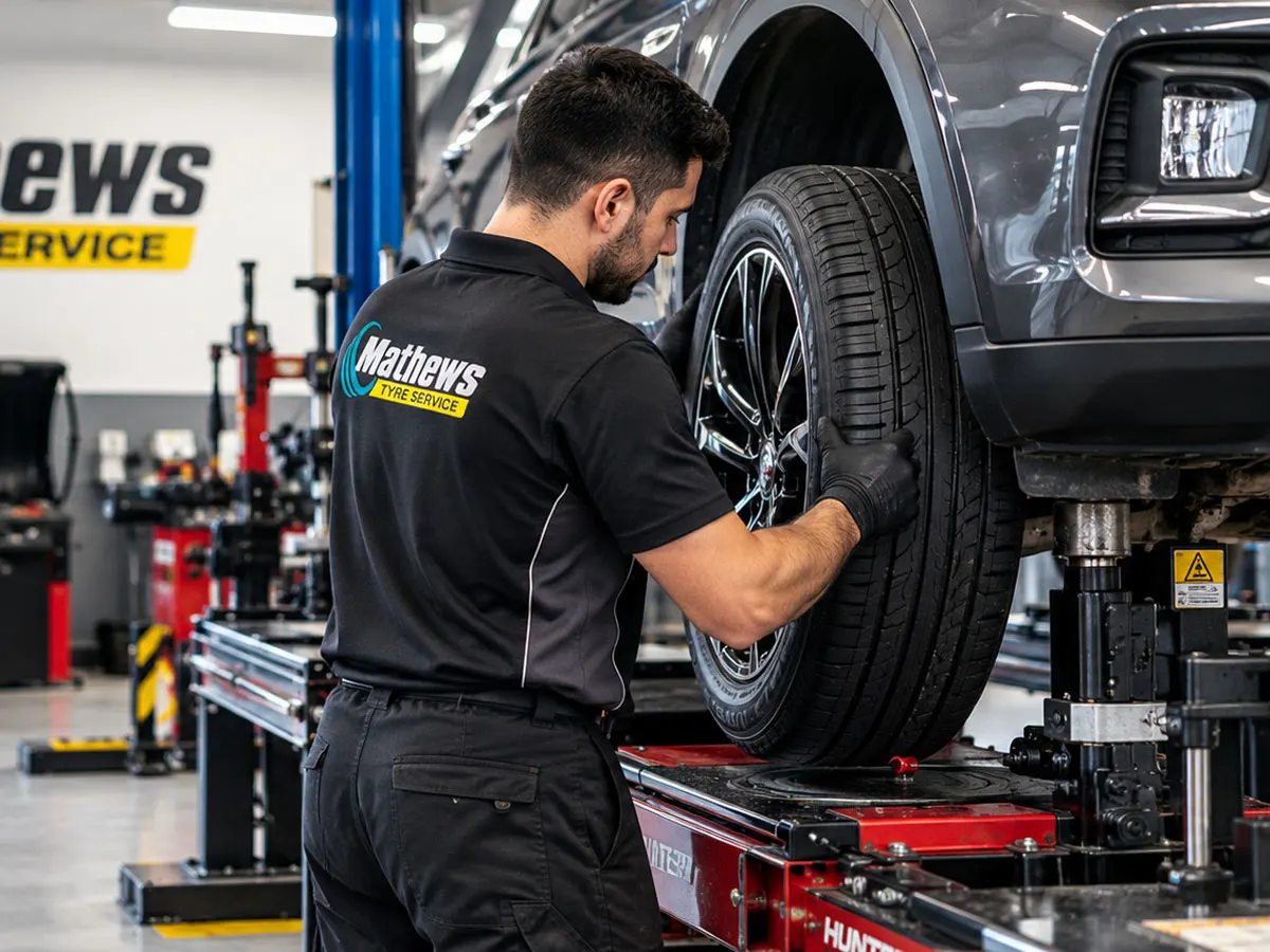 Mechanic fitting a tyre at Mathews Tyres & Mechanical in Campsie