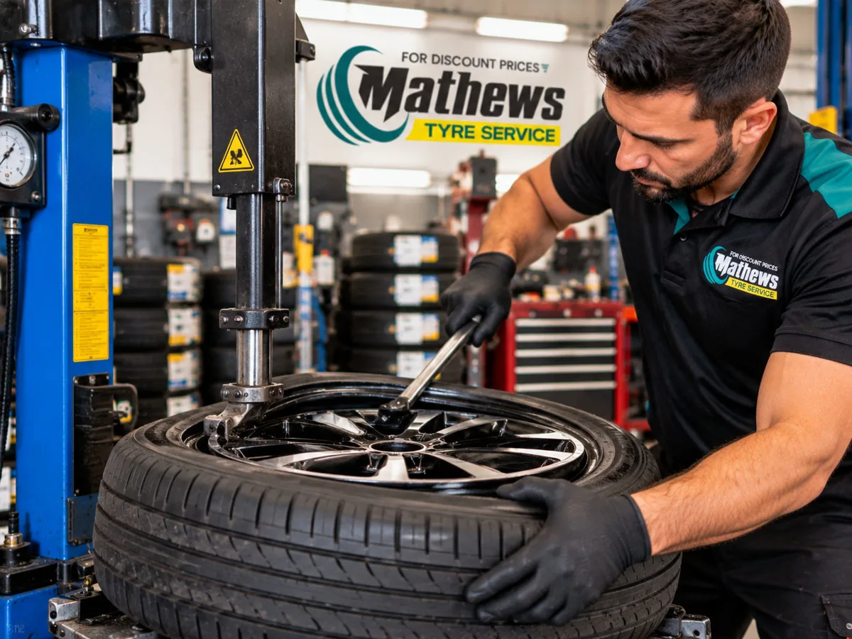 Car undergoing professional wheel alignment inspection