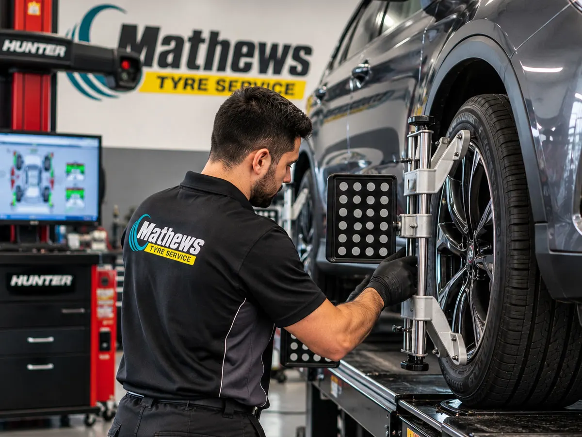 Mechanic performing a wheel alignment using professional equipment at Mathews Tyres