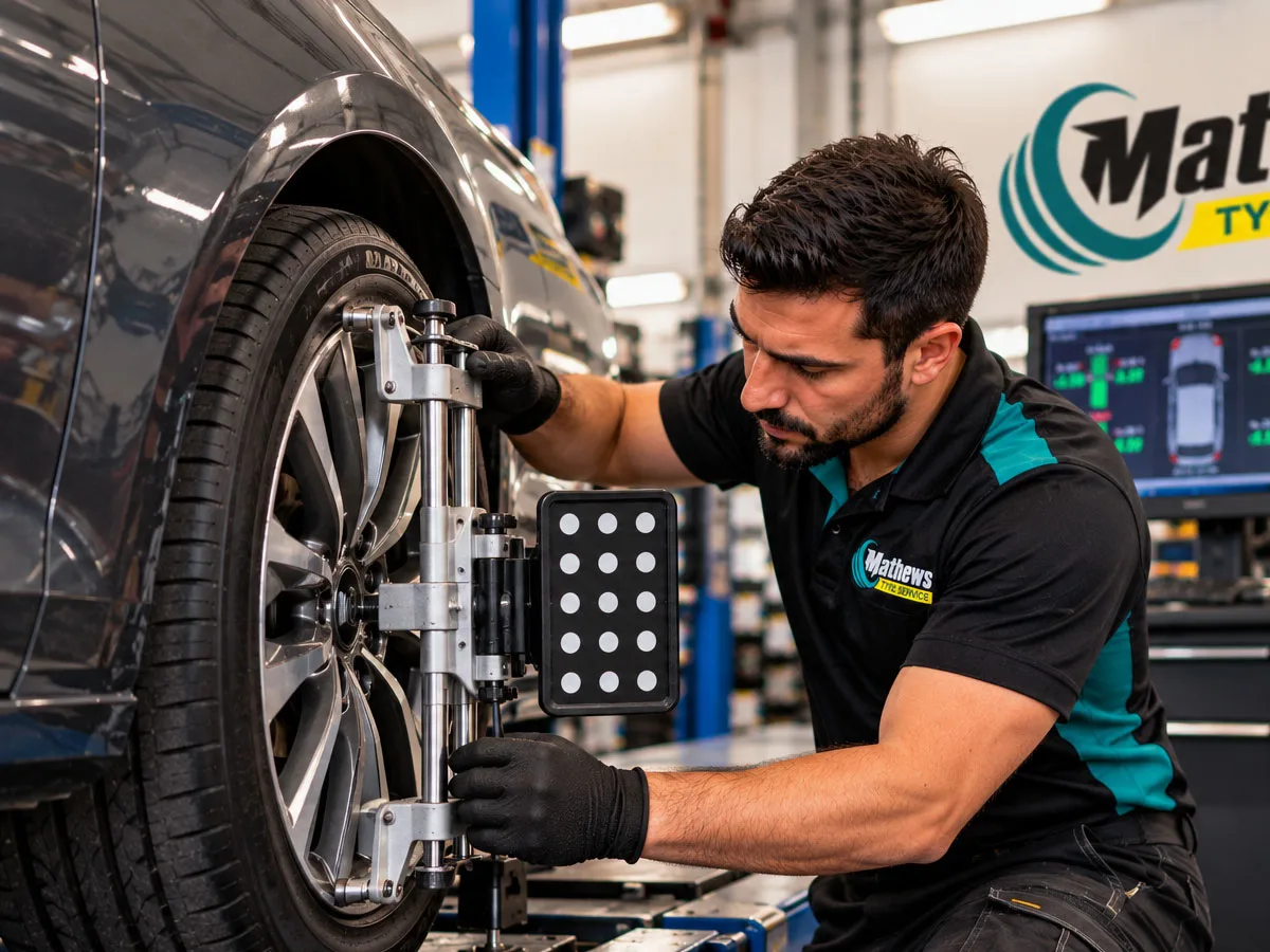 Mechanic fitting a new car tyre at Mathews Tyre Service in Campsie Sydney.