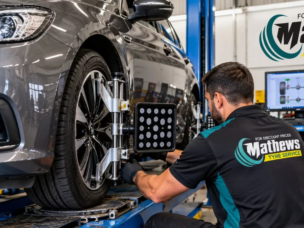 Mechanic performing a professional wheel alignment at Mathews Tyre Service in Campsie, Sydney