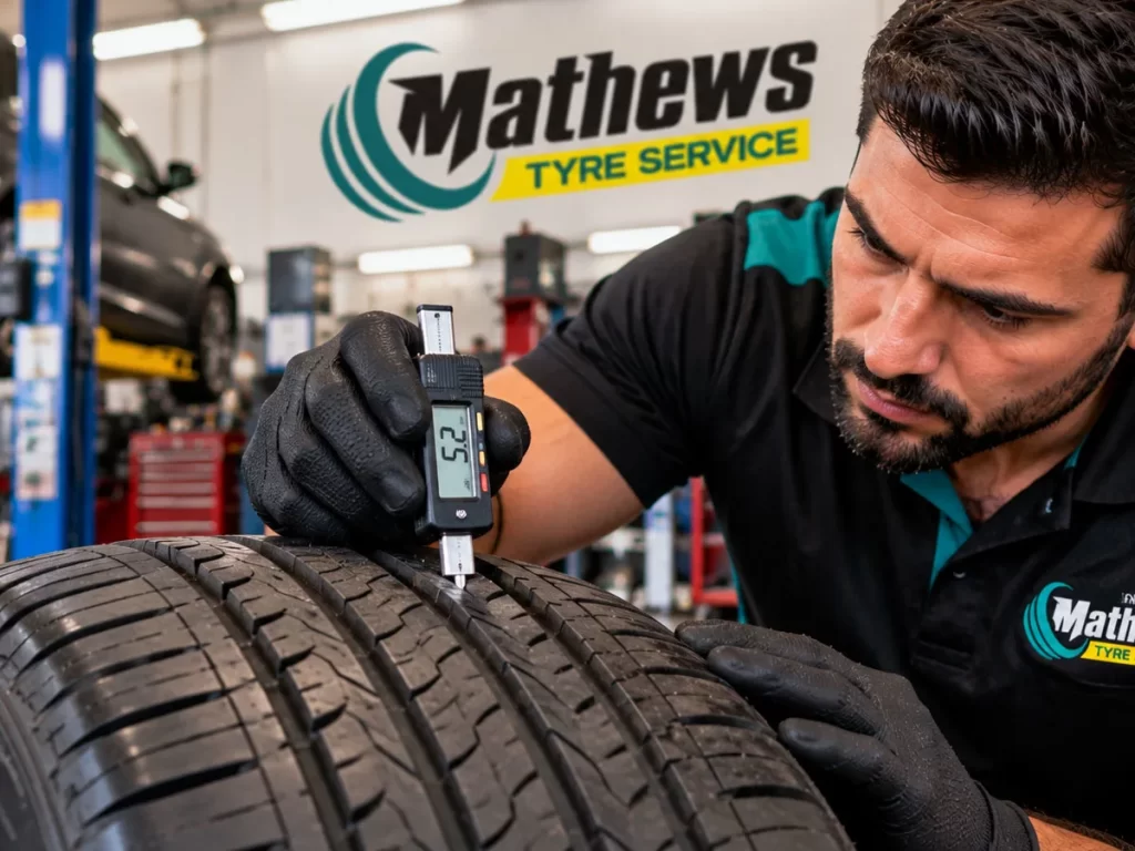 Mechanic checking car tyre tread depth with a digital gauge at Mathews Tyre Service in Campsie, Sydney