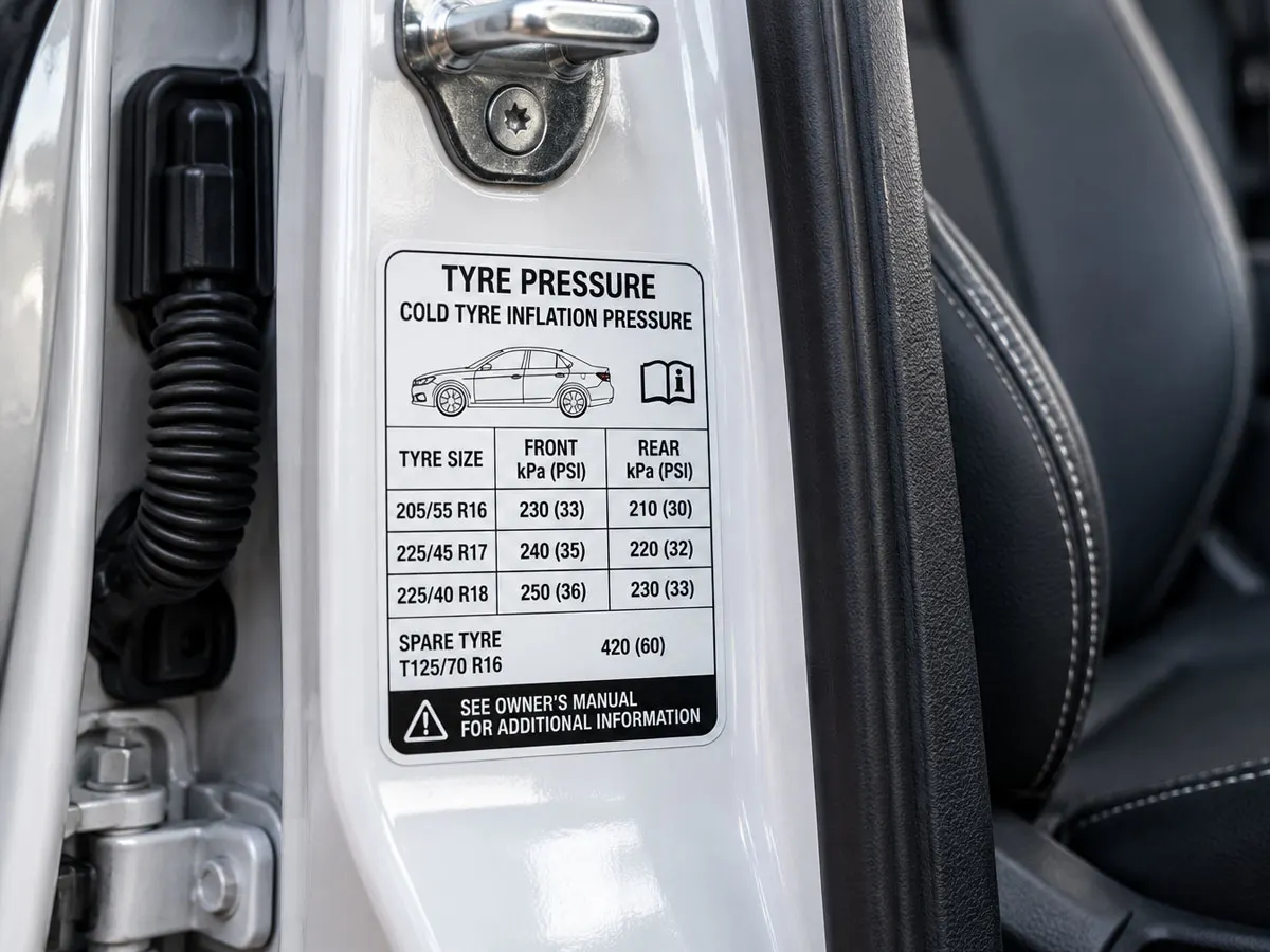Vehicle tyre pressure placard showing recommended front and rear tyre pressures inside a car door opening.